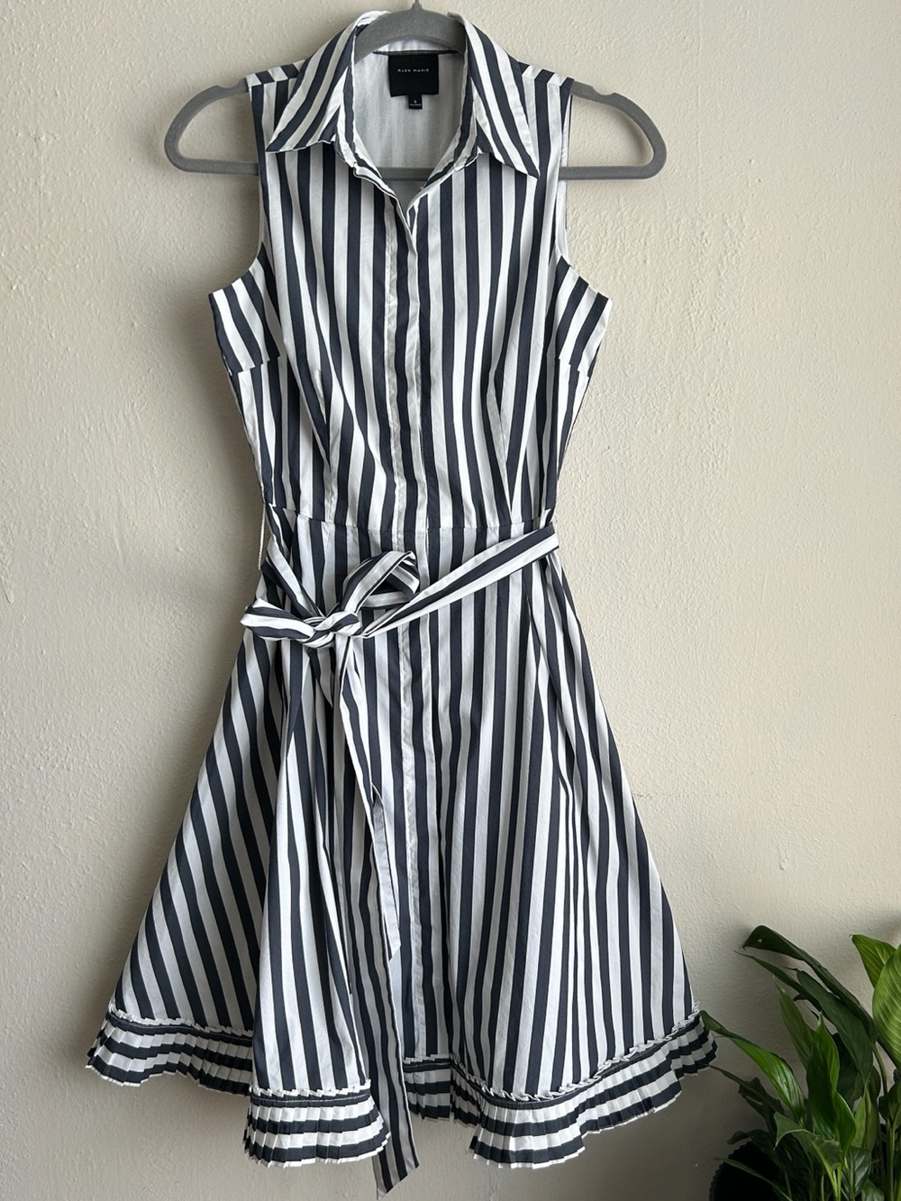 ALEX MARIE Navy and White Striped Sleeveless Dress with Tie Waist
